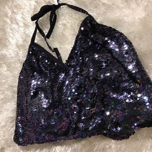 iHeartraves Purple Sequined Halter Crop Top
